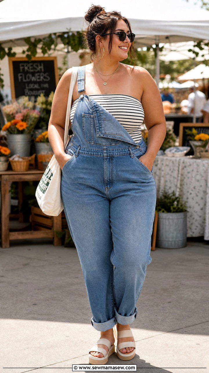Ruched Tube Top With Overalls - 20 plus size ruched tube top outfit ideas