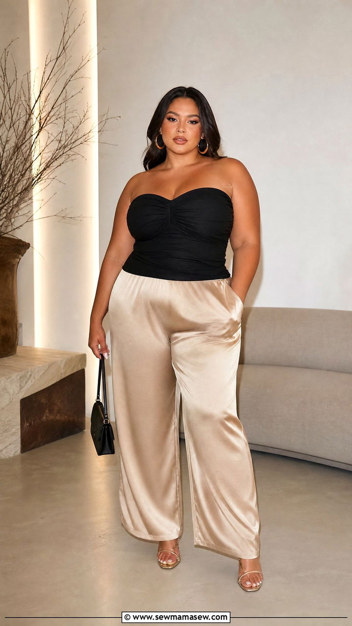 Ruched Tube Top With Satin Pants - 20 plus size ruched tube top outfit ideas