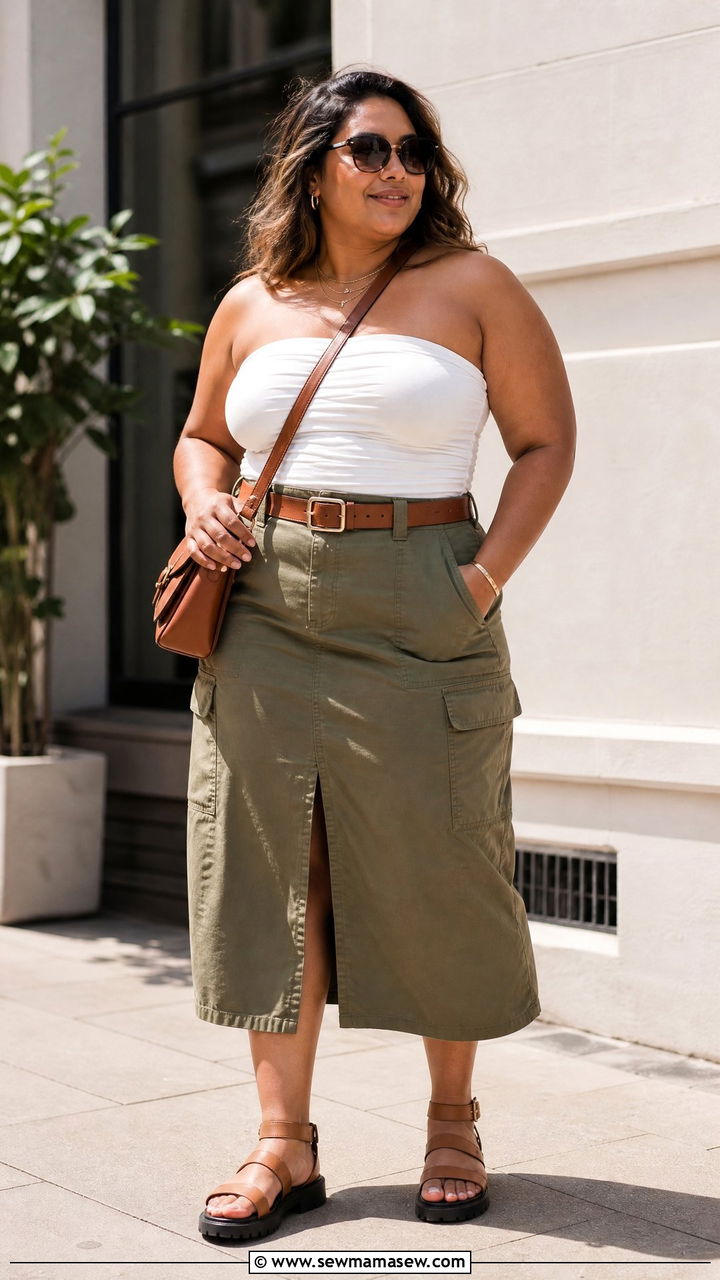 Ruched Tube Top With Utility Skirt - 20 plus size ruched tube top outfit ideas