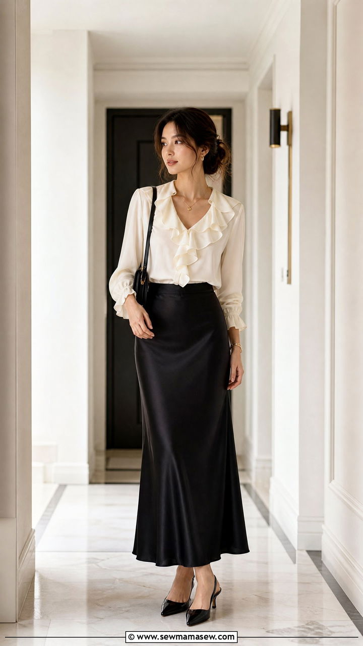 Ruffle Blouse With A Slip Skirt - 20 ruffle blouse outfit ideas