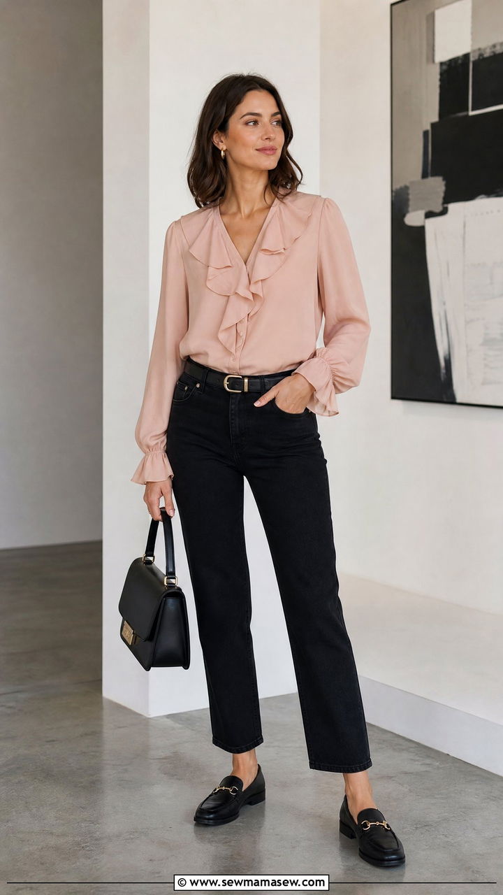 Ruffle Blouse With Black Jeans - 20 ruffle blouse outfit ideas