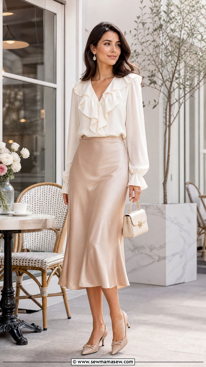Ruffle Blouse With Midi Skirt - 20 ruffle blouse outfit ideas