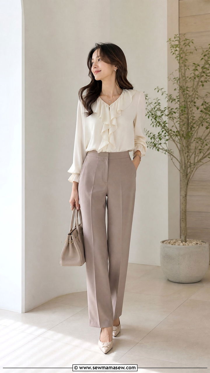 Ruffle Blouse With Neutral Trousers Outfit - 20 church tops outfit ideas