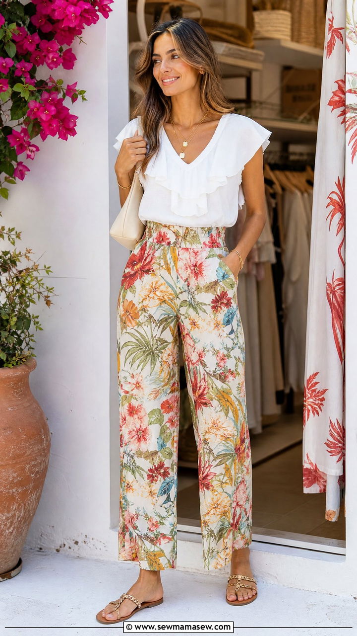 Ruffle Blouse With Printed Pants - 20 ruffle blouse outfit ideas