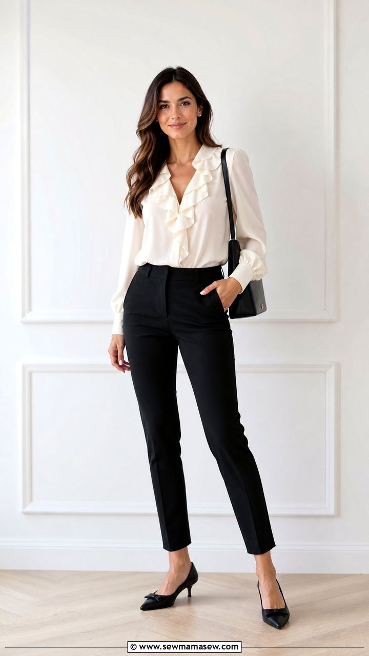 Ruffle Blouse With Slim Trousers - 20 work blouse outfit ideas