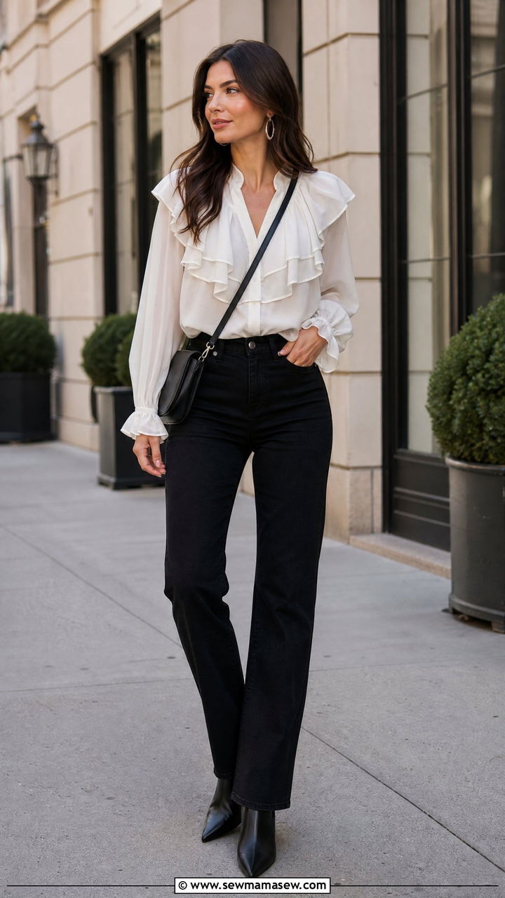 Ruffle Chiffon Blouse With Black Jeans - 20 chiffon blouse outfit ideas