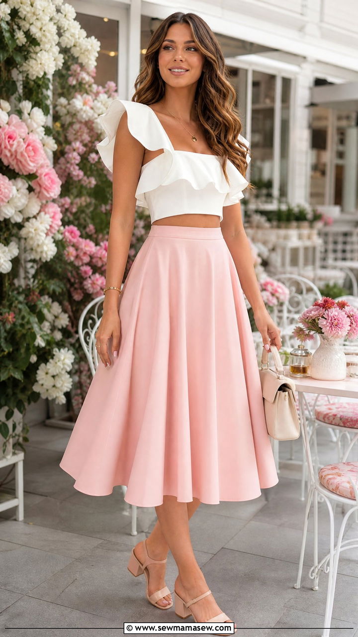 Ruffle Crop Top With A Line Skirt - 20 crop top with a-line skirt outfit ideas