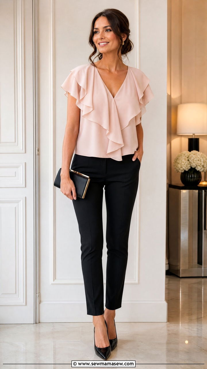 Ruffle Party Top With Slim Trousers - 20 party top outfit ideas