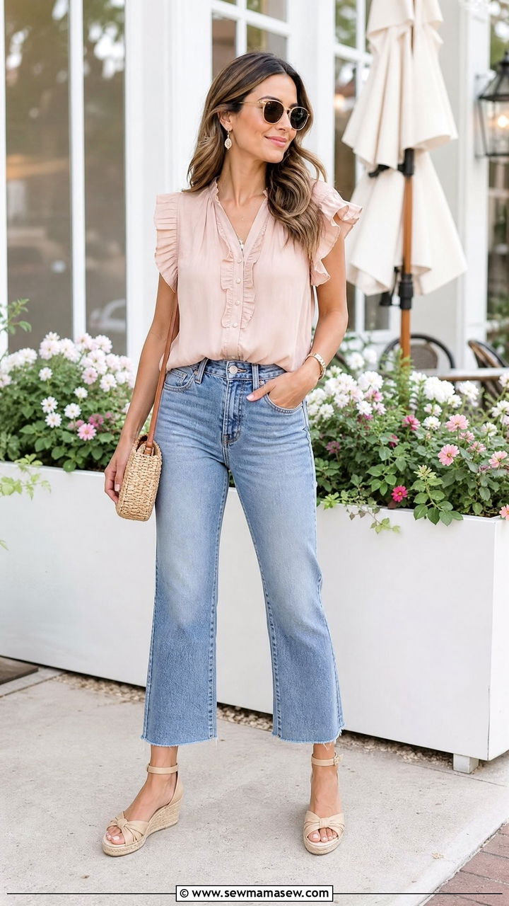 Ruffle Top With Cropped Jeans - 20 brunch top outfit ideas