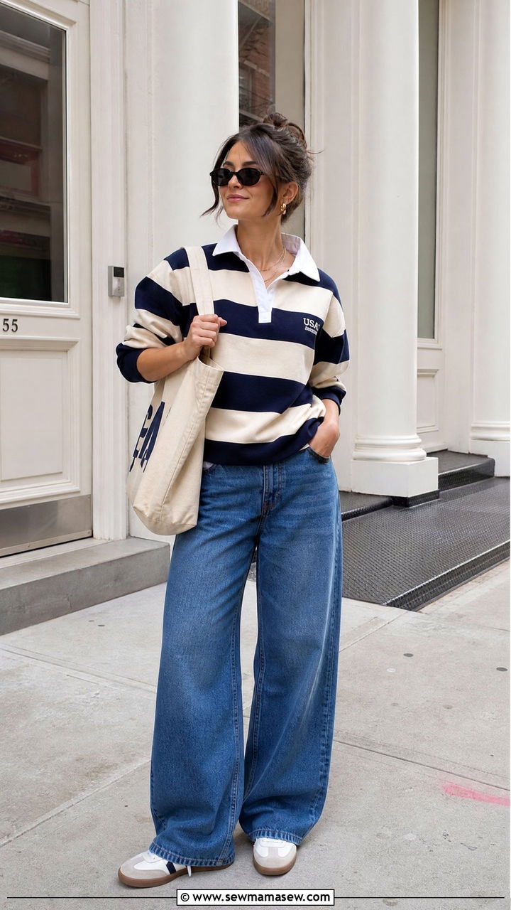 Rugby Shirt With Wide Leg Jeans Outfit - 20 preppy top outfit ideas