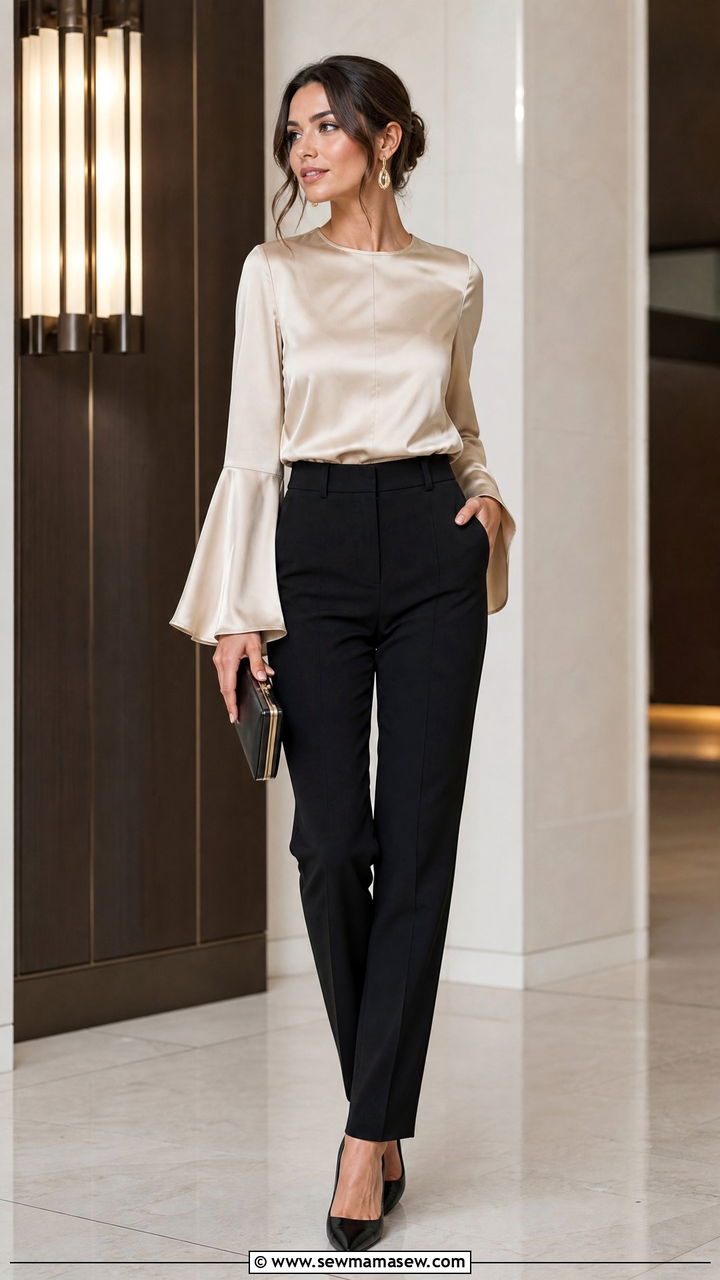 Satin Bell Sleeve Blouse With Tailored Trousers - 20 bell sleeve blouse outfit ideas