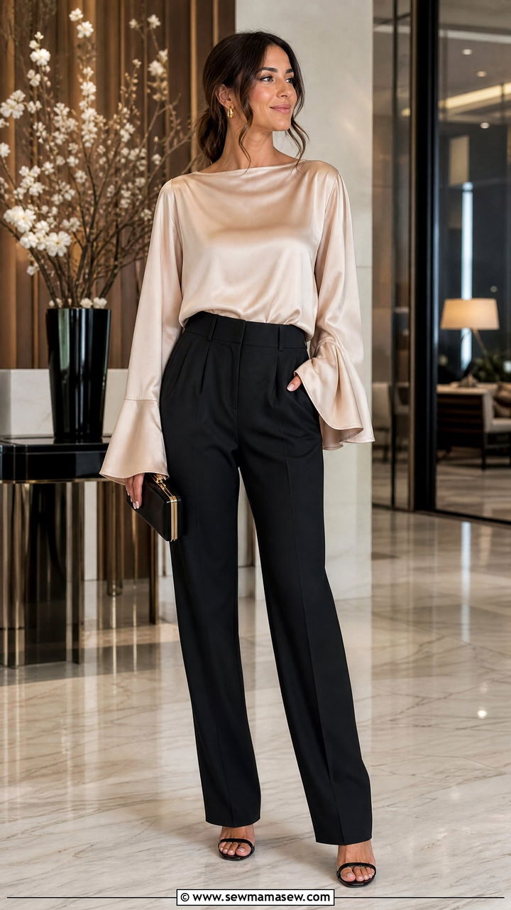Satin Bell Sleeve Top With Tailored Trousers - 20 bell sleeve top outfit ideas