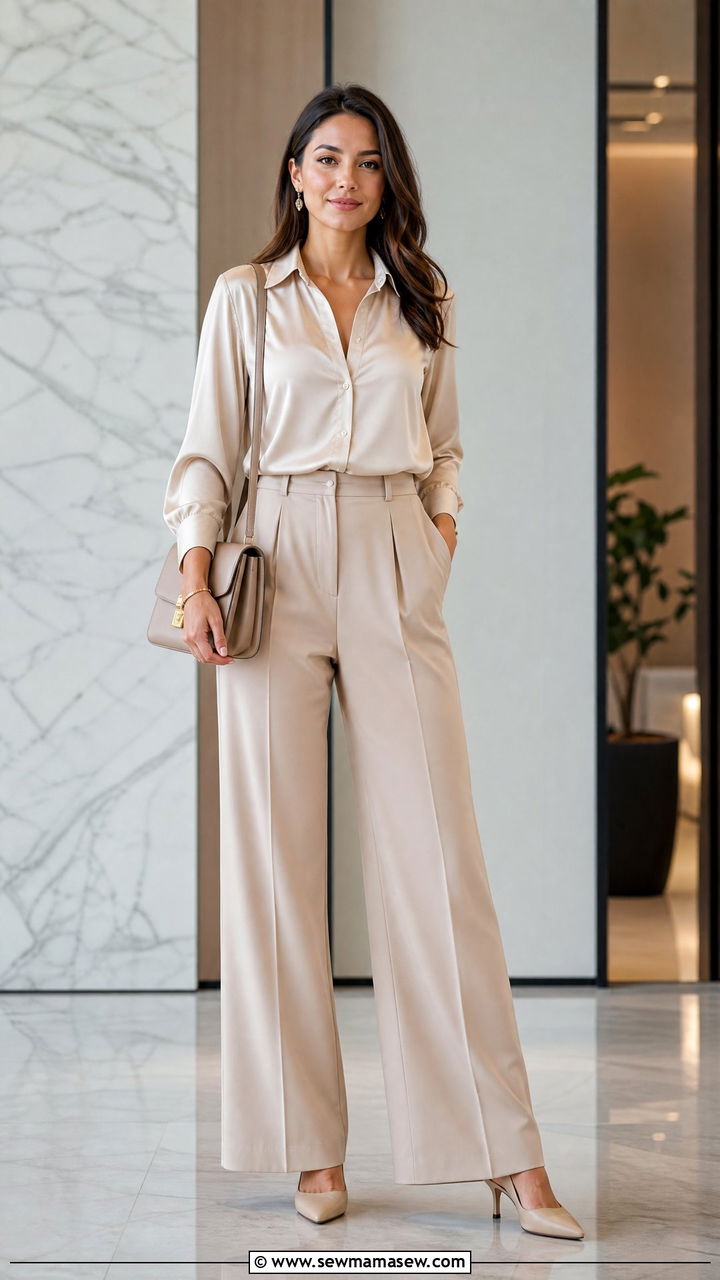 Satin Blouse Outfit With Wide Leg Trousers - 20 blouse outfit ideas