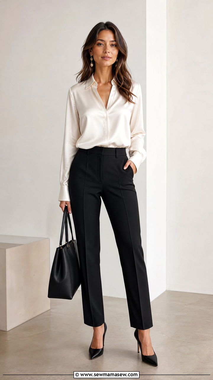 Satin Blouse With Black Tailored Pants - 20 satin blouse outfit ideas