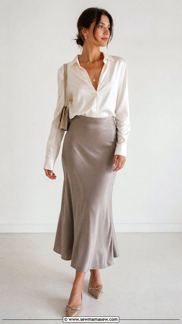 Satin Blouse With Slip Skirt - 20 satin blouse outfit ideas