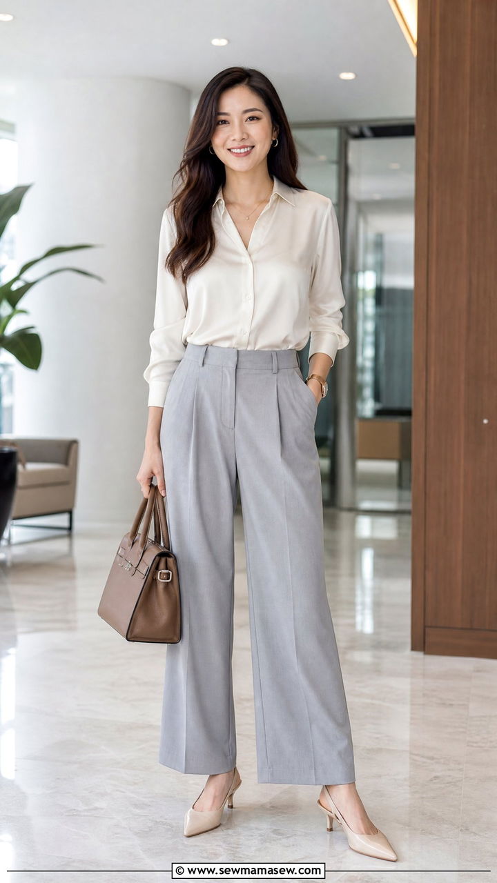 Satin Blouse With Wide Leg Pants - 20 work blouse outfit ideas