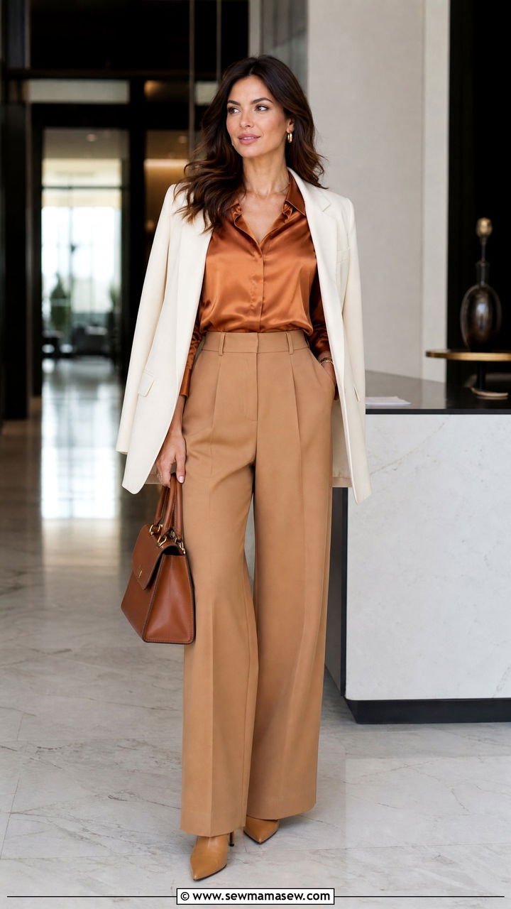 Satin Blouse With Wide Leg Trousers - 20 fall top outfit ideas