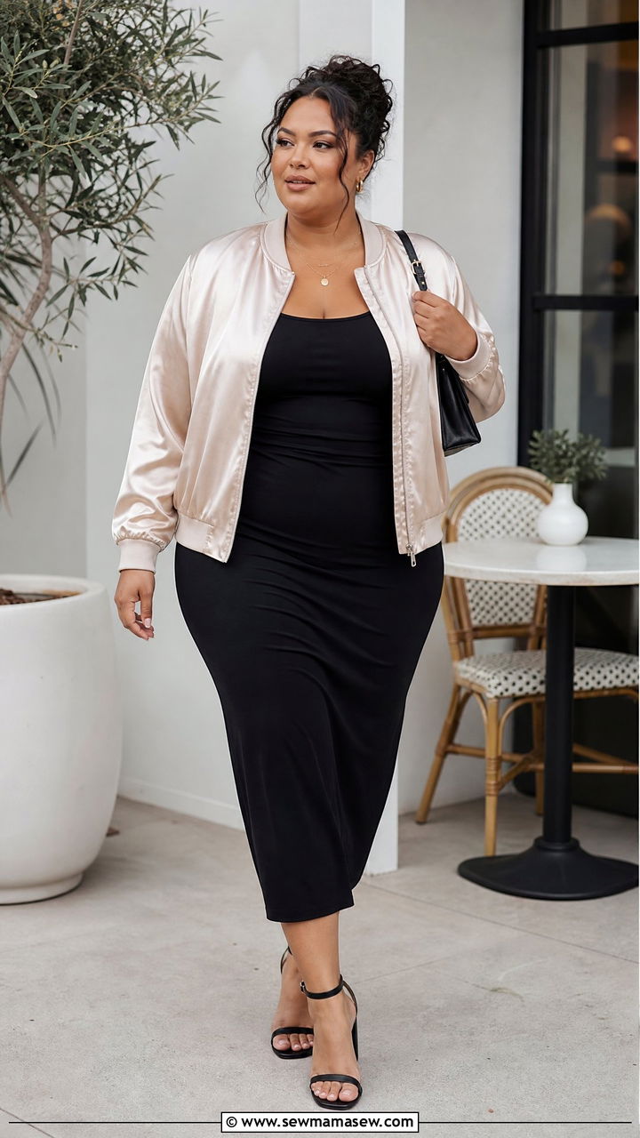 Satin Bomber Jacket With Midi Dress - 20 plus size bomber jacket outfit ideas