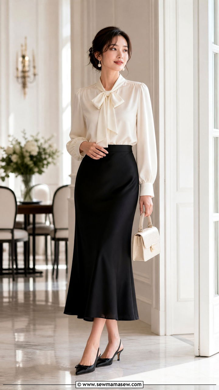 Satin Bow Blouse With Midi Skirt - 20 bow blouse outfit ideas