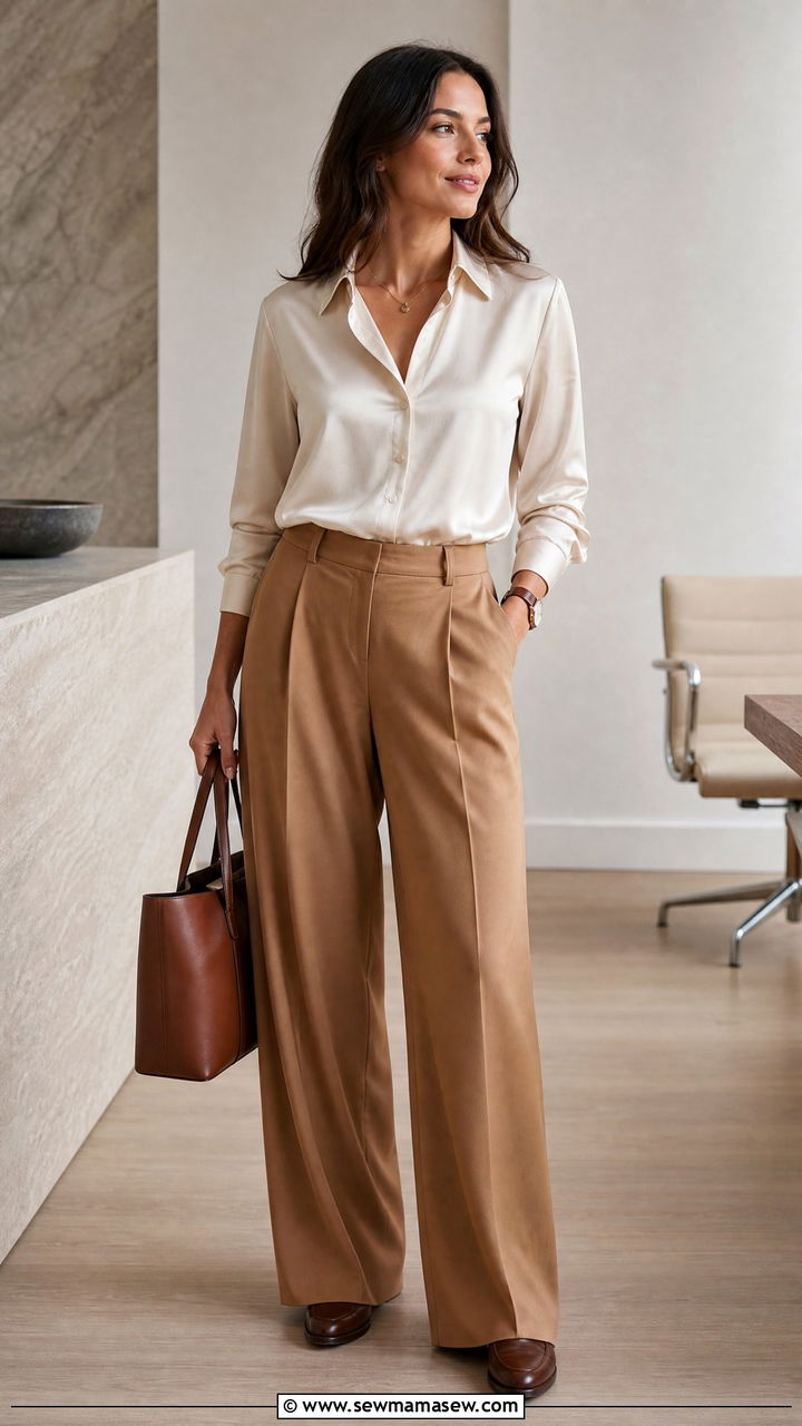 Satin Button Down Shirt With Wide Leg Trousers - 20 satin top outfit ideas