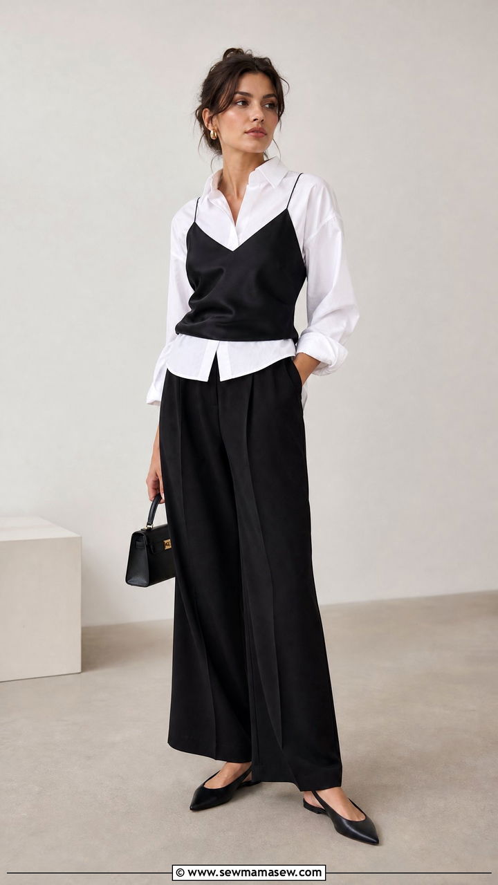 Satin Cami Over White Shirt Outfit - 20 layered top outfit ideas