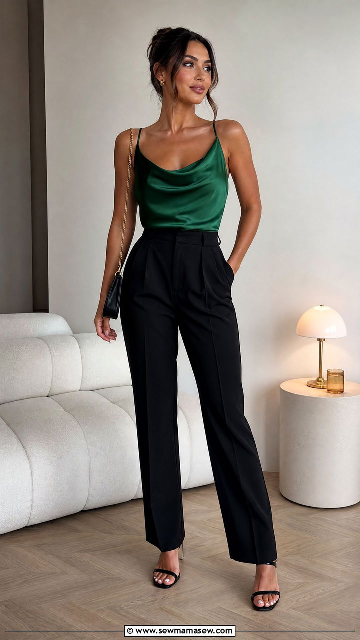 Satin Cowl Neck Top With Black Trousers - 20 satin top outfit ideas
