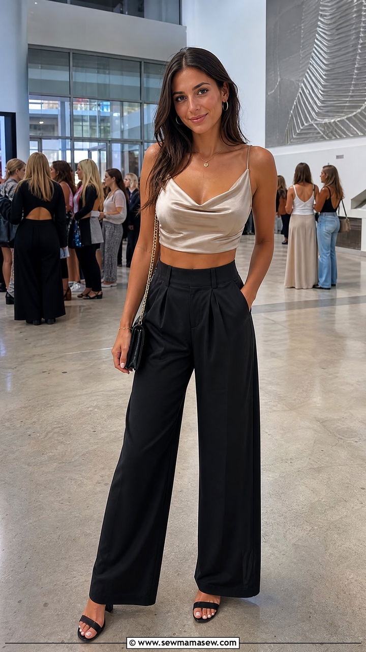 Satin Crop Top Concert Outfit With Wide Leg Pants - 20 summer crop top concert outfit ideas