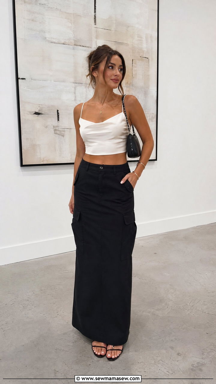 Satin Crop Top With Cargo Maxi Skirt - 20 crop top with cargo maxi skirt outfit ideas