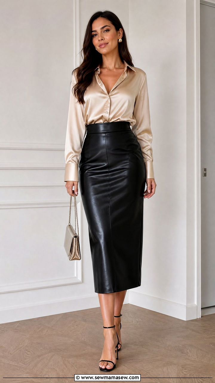 Satin Crop Top With Leather Skirt - 20 crop top with leather skirt outfit ideas
