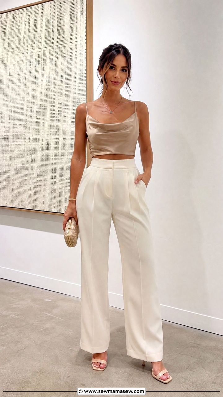 Satin Crop Top With Pleated Dress Pants - 20 crop top with dress pants outfit ideas