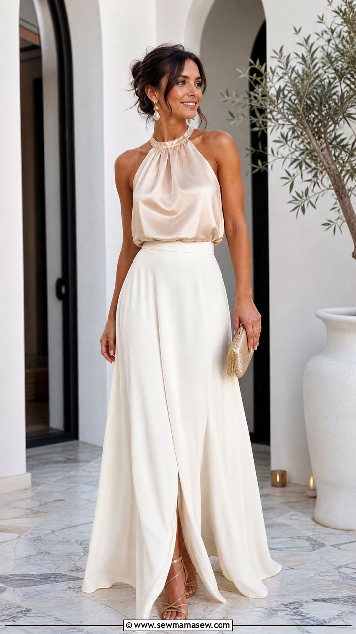 Satin Halter Top With Maxi Skirt - 20 halter neckline top outfit ideas