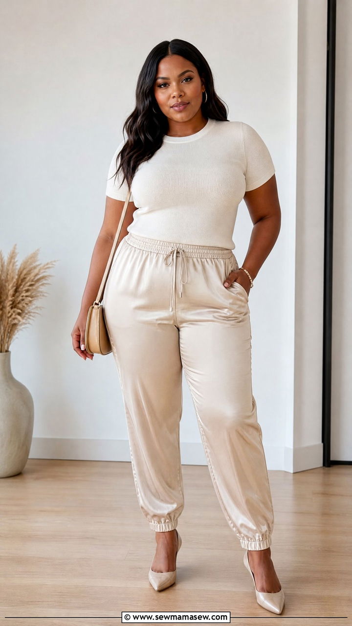 Satin Joggers With Knit Top Outfit - 20 plus size joggers outfit ideas