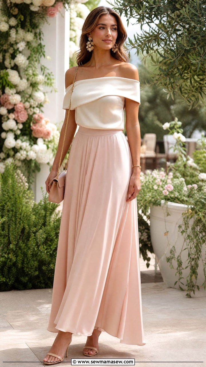 Satin Off Shoulder Top With Maxi Skirt - 20 satin top outfit ideas