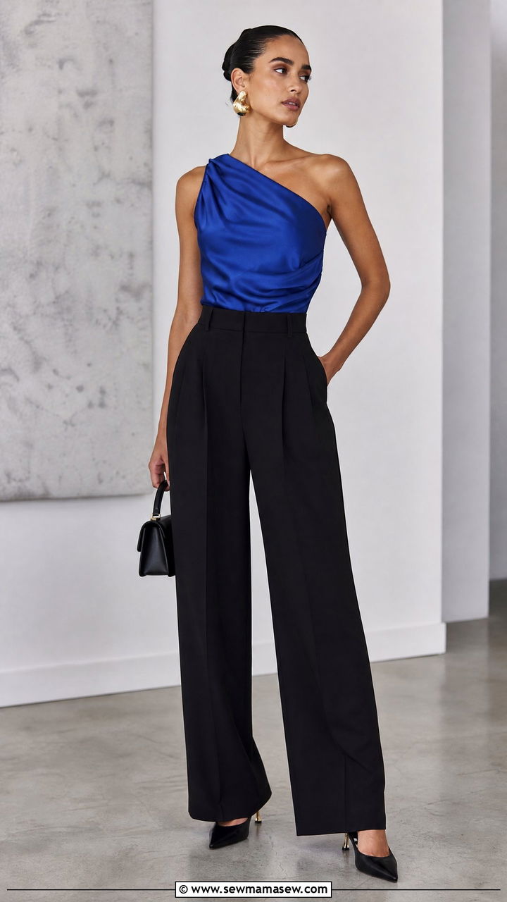 Satin One Shoulder Top With High Waisted Pants - 20 satin top outfit ideas