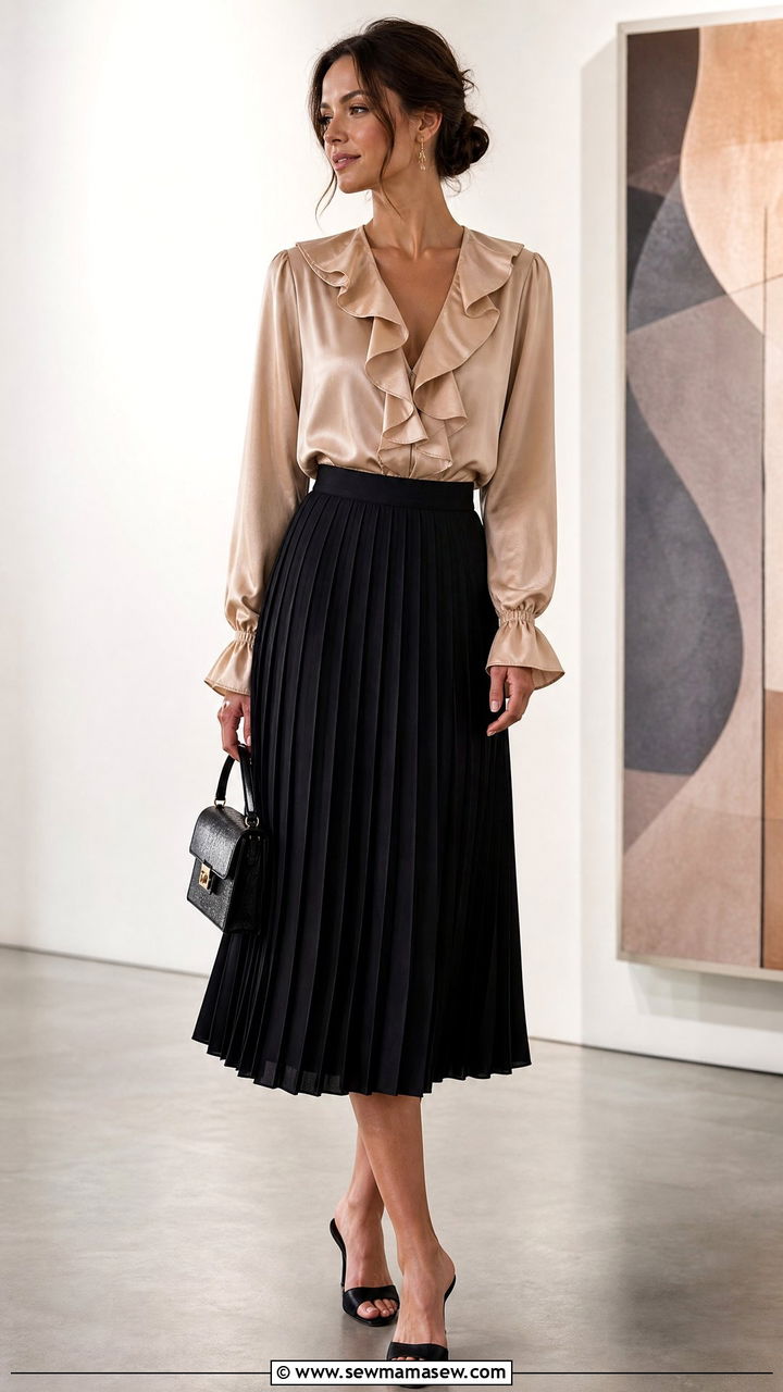 Satin Ruffle Top With Pleated Skirt - 20 ruffle top outfit ideas