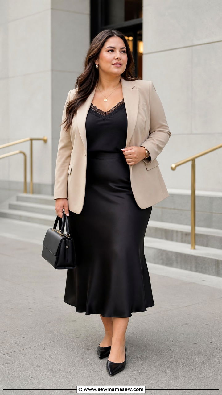 Satin Skirt With Blazer And Camisole - 20 plus size satin skirt outfit ideas