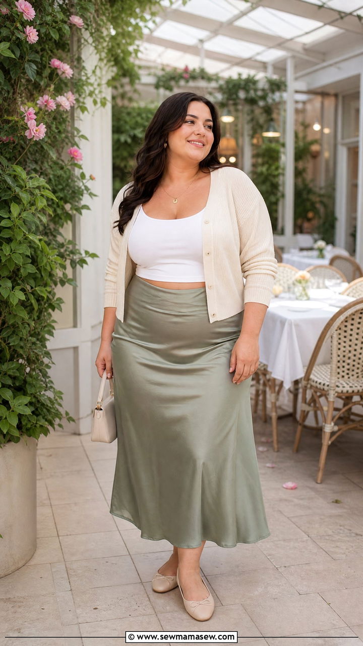 Satin Skirt With Cropped Cardigan - 20 plus size satin skirt outfit ideas