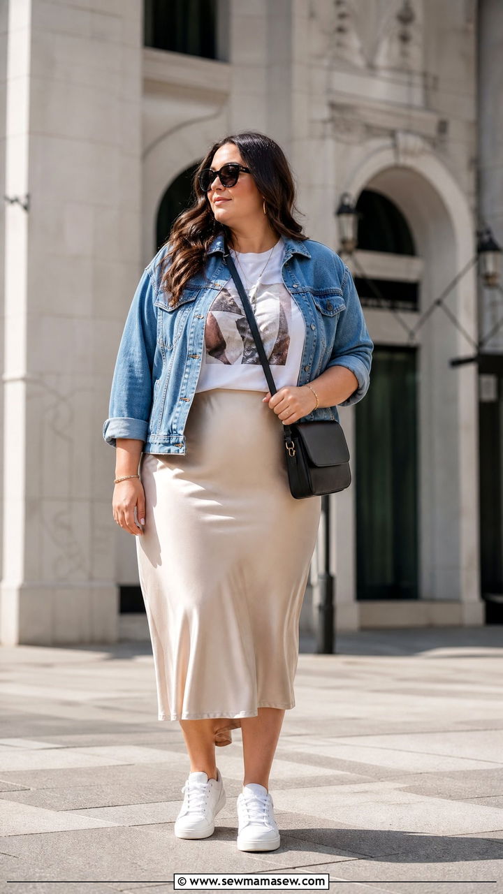 Satin Skirt With Graphic Tee And Sneakers - 20 plus size satin skirt outfit ideas