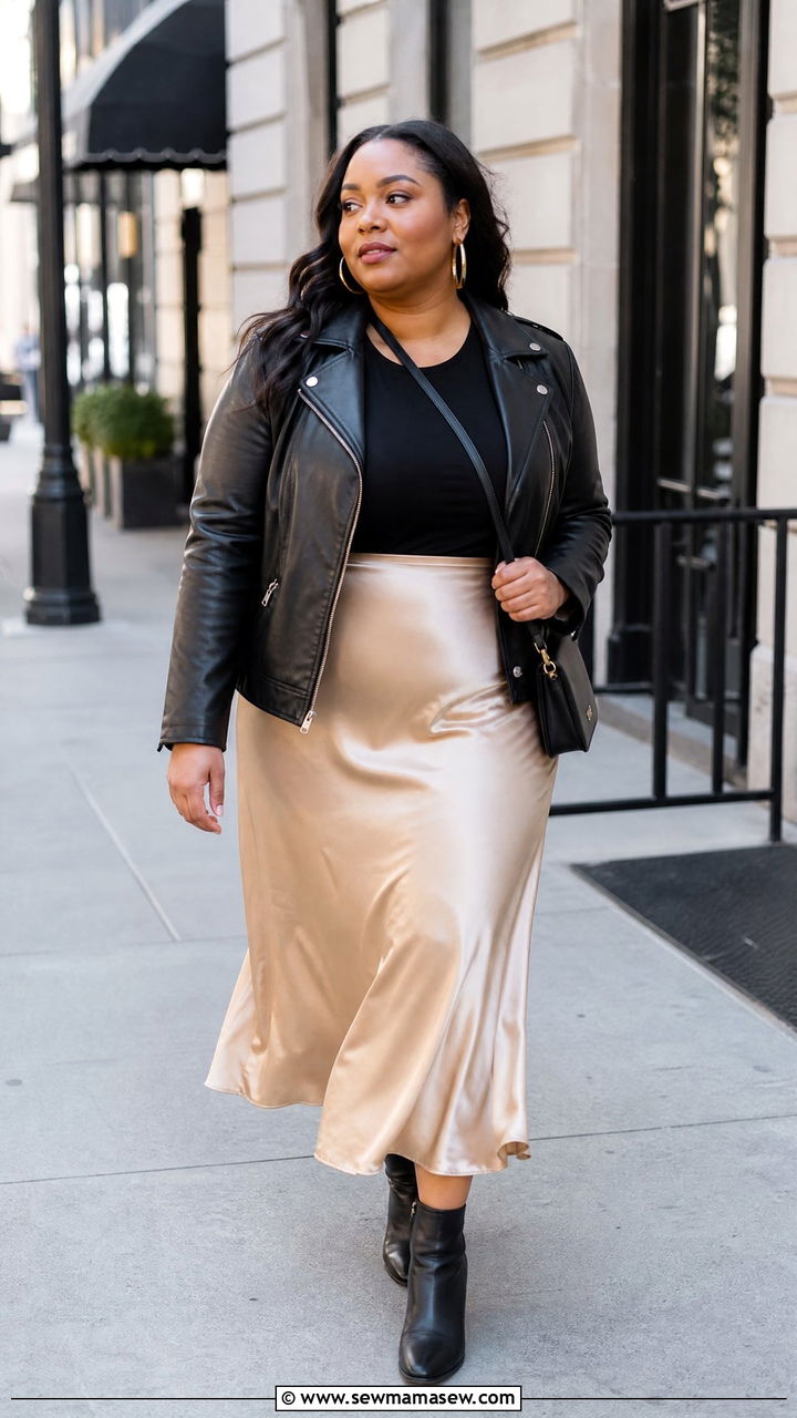 Satin Skirt With Leather Jacket - 20 plus size satin skirt outfit ideas