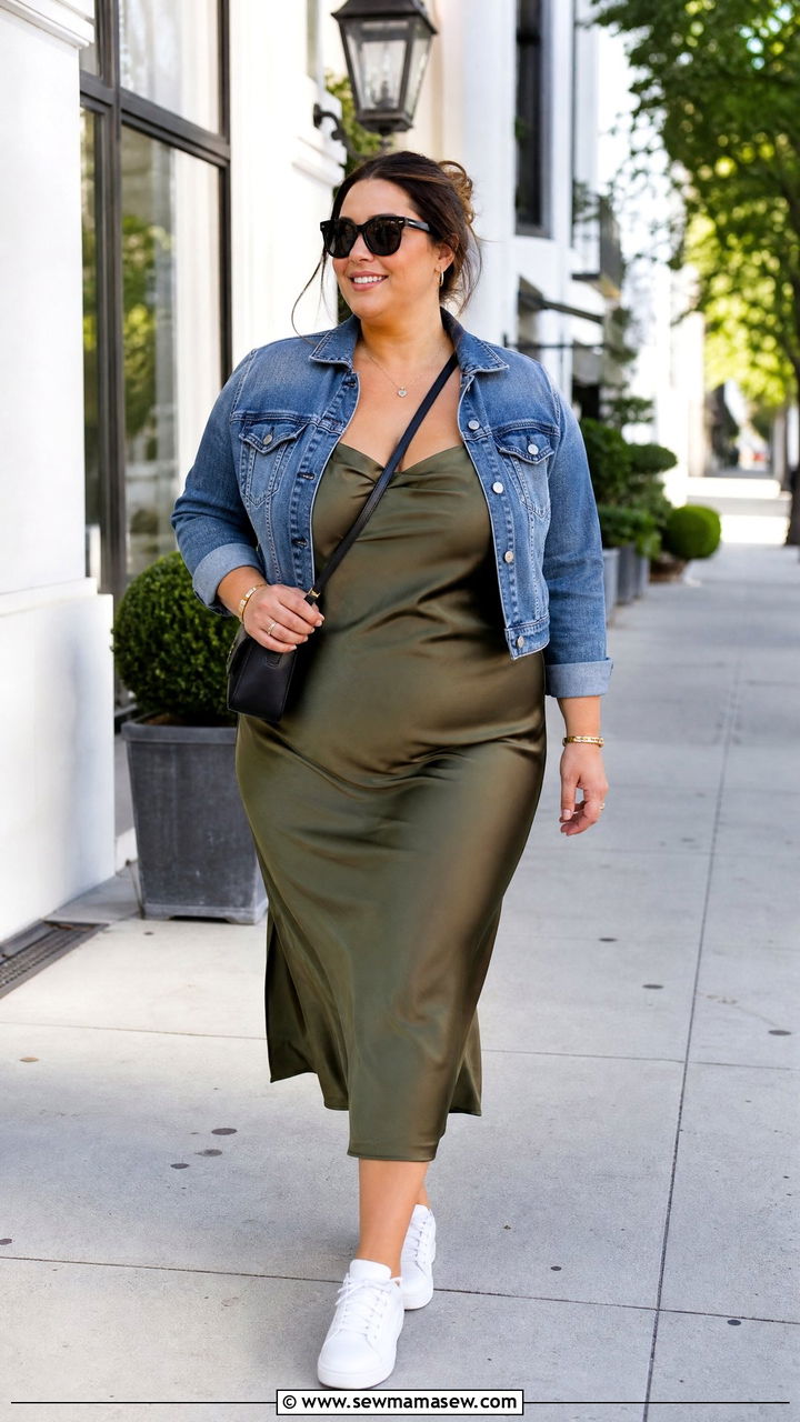 Satin Slip Dress With Denim Jacket - 20 plus size slip dress outfit ideas