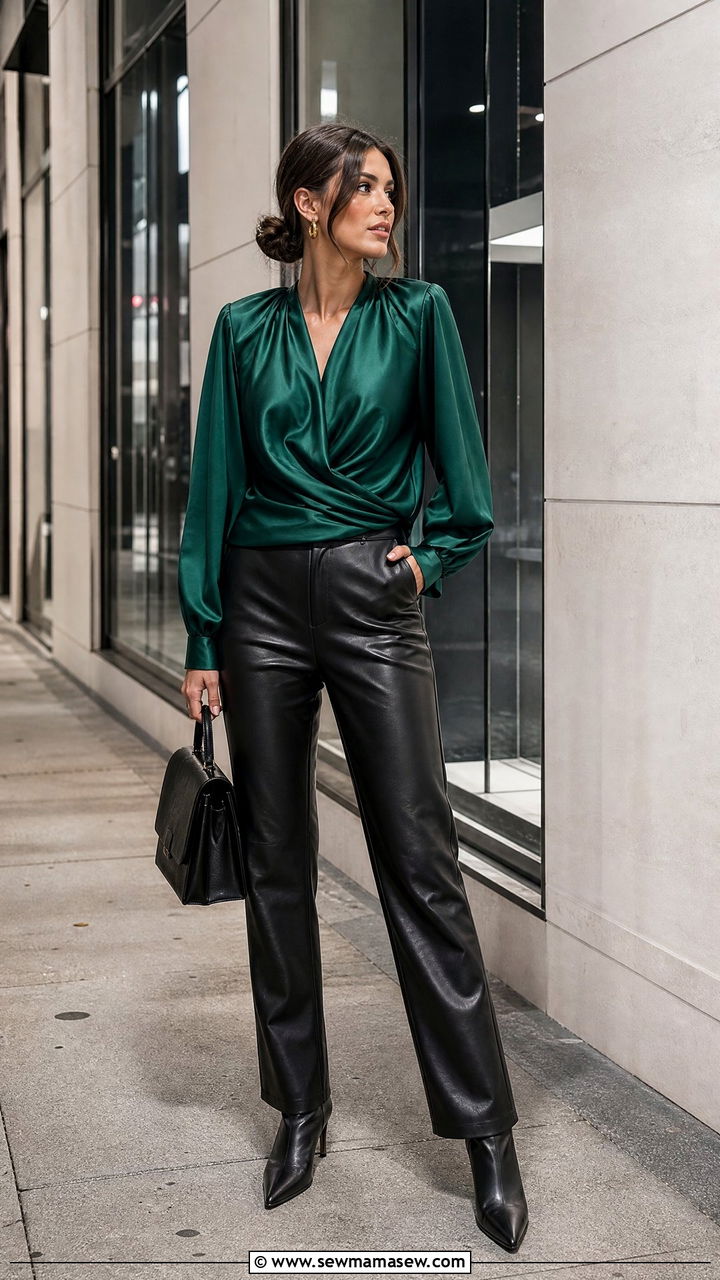 Satin Statement Top With Leather Pants Outfit - 20 statement top outfit ideas