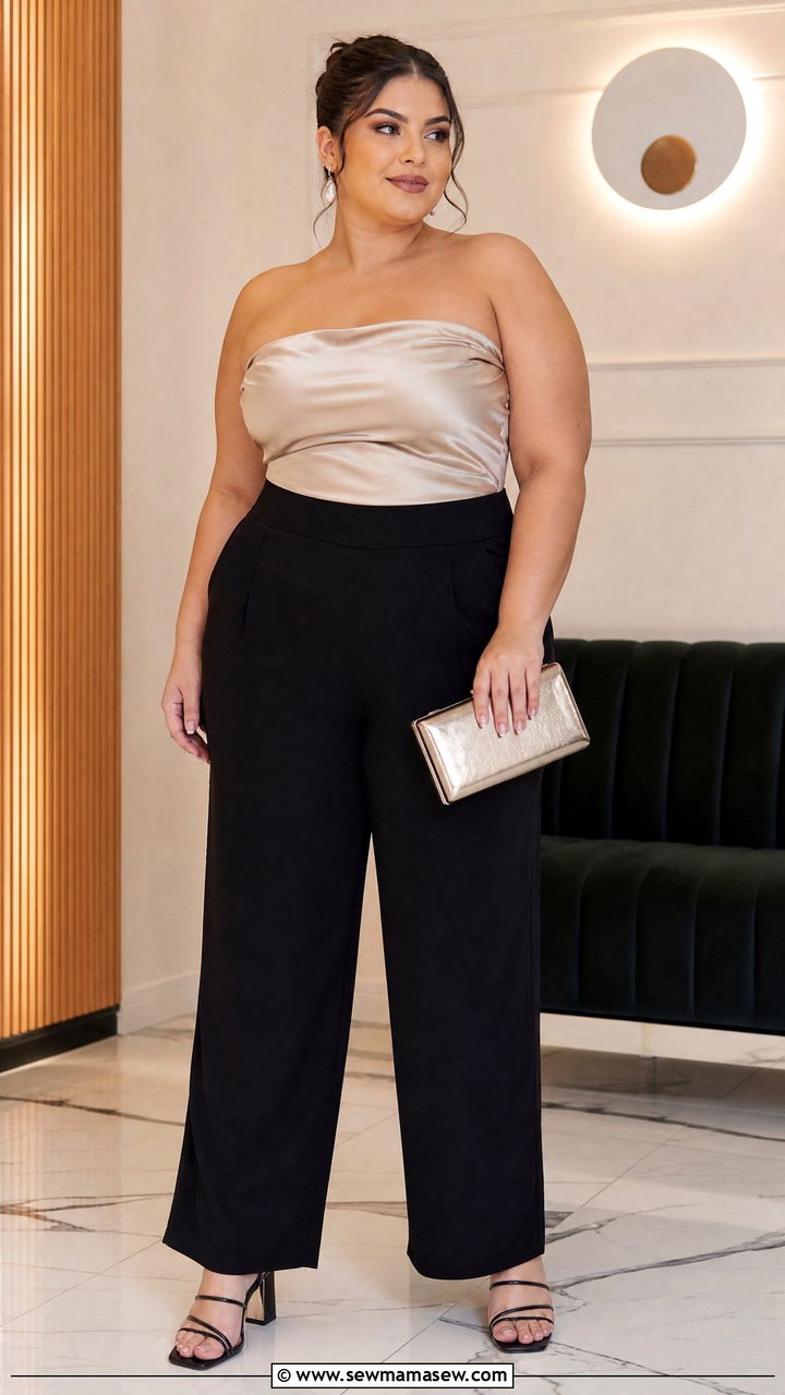 Satin Tube Top Outfit With Black Trousers - 20 plus size going out tube top outfit ideas