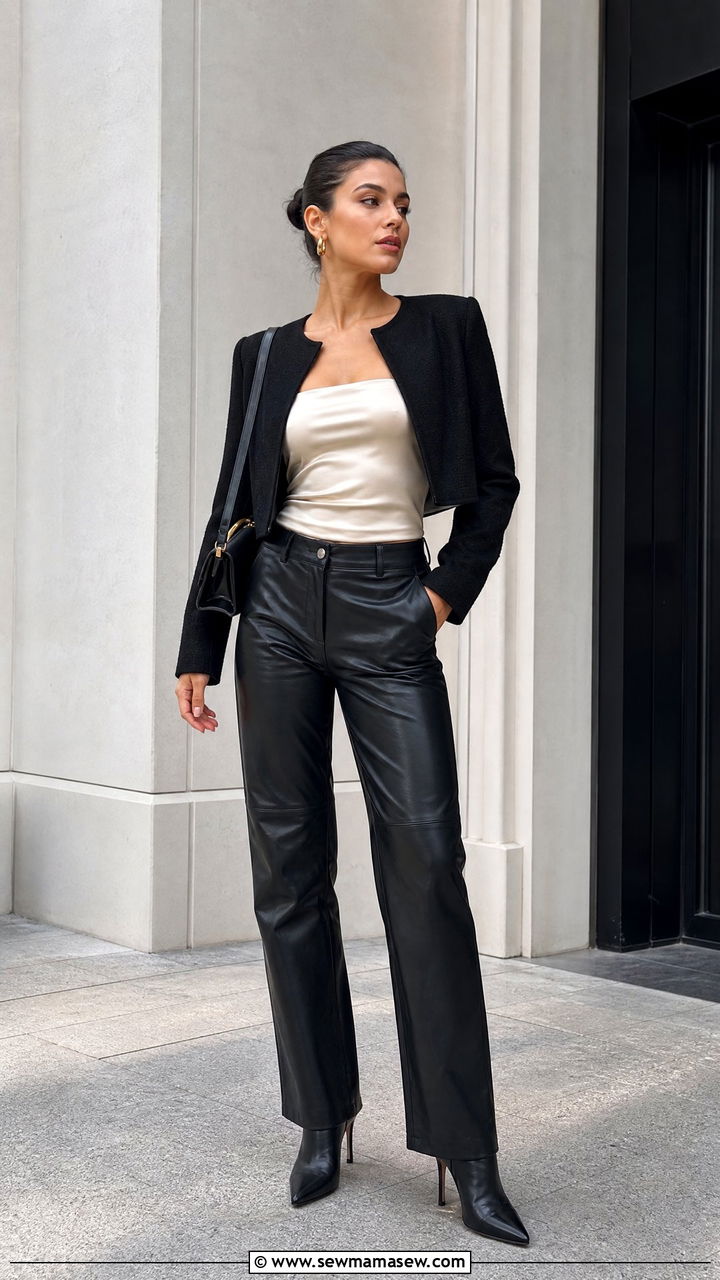 Satin Tube Top With Leather Pants - 20 satin tube top outfit ideas