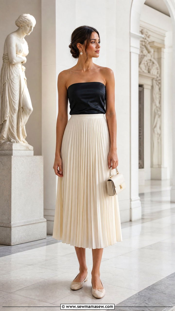Satin Tube Top With Pleated Midi Skirt - 20 satin tube top outfit ideas