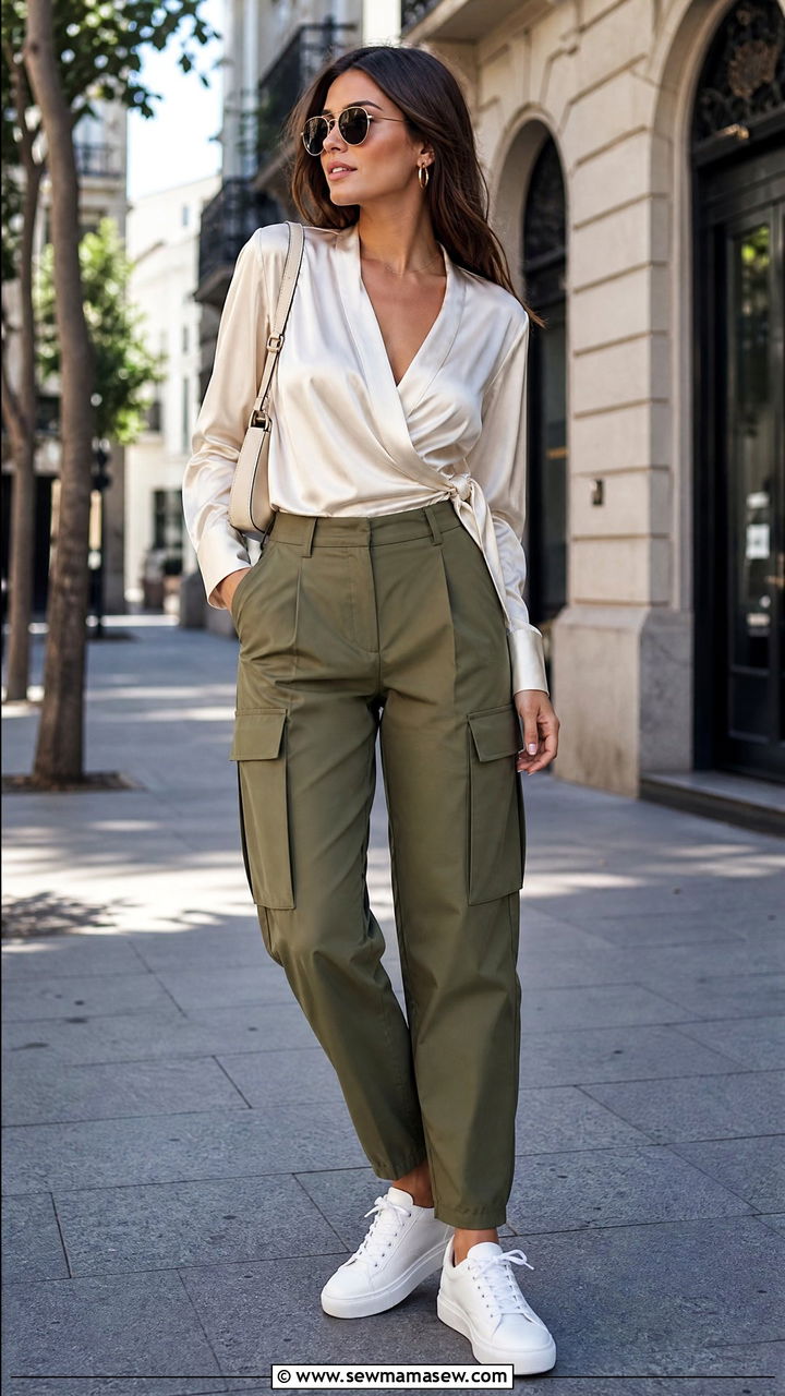 Satin Wrap Top With Cargo Pants - 20 satin wrap top outfit ideas