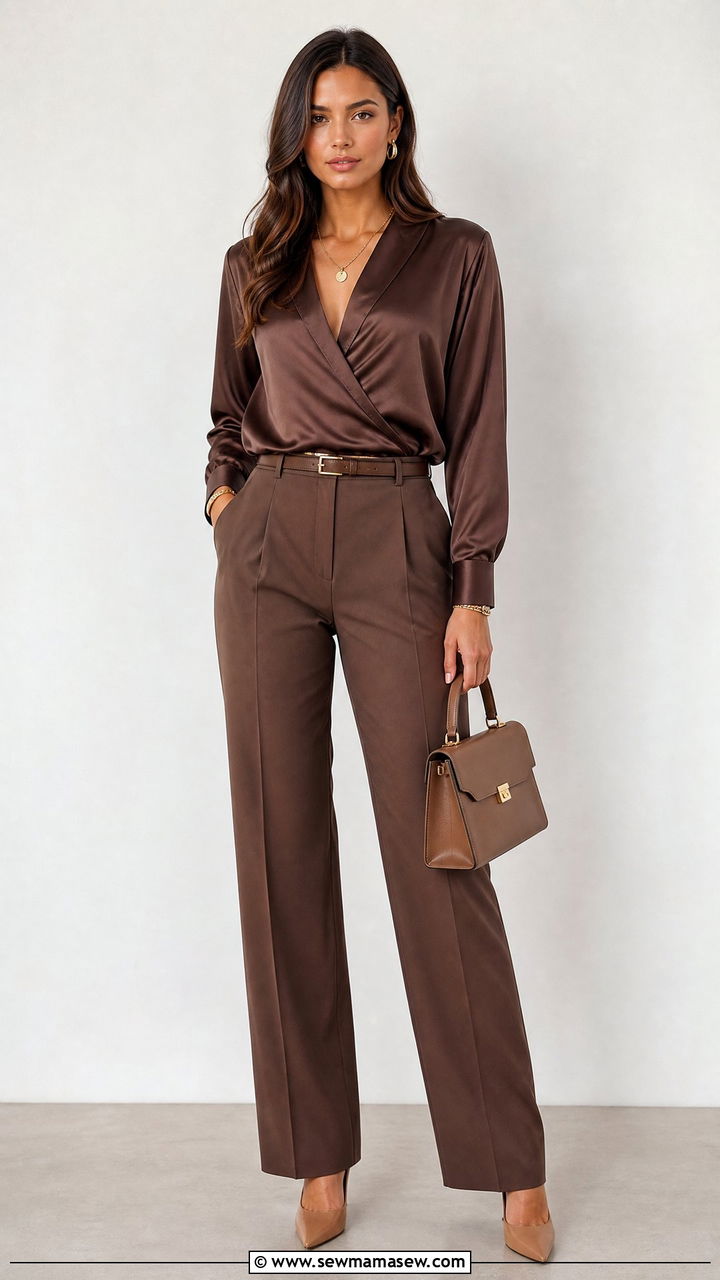 Satin Wrap Top With Monochrome Outfit - 20 satin wrap top outfit ideas