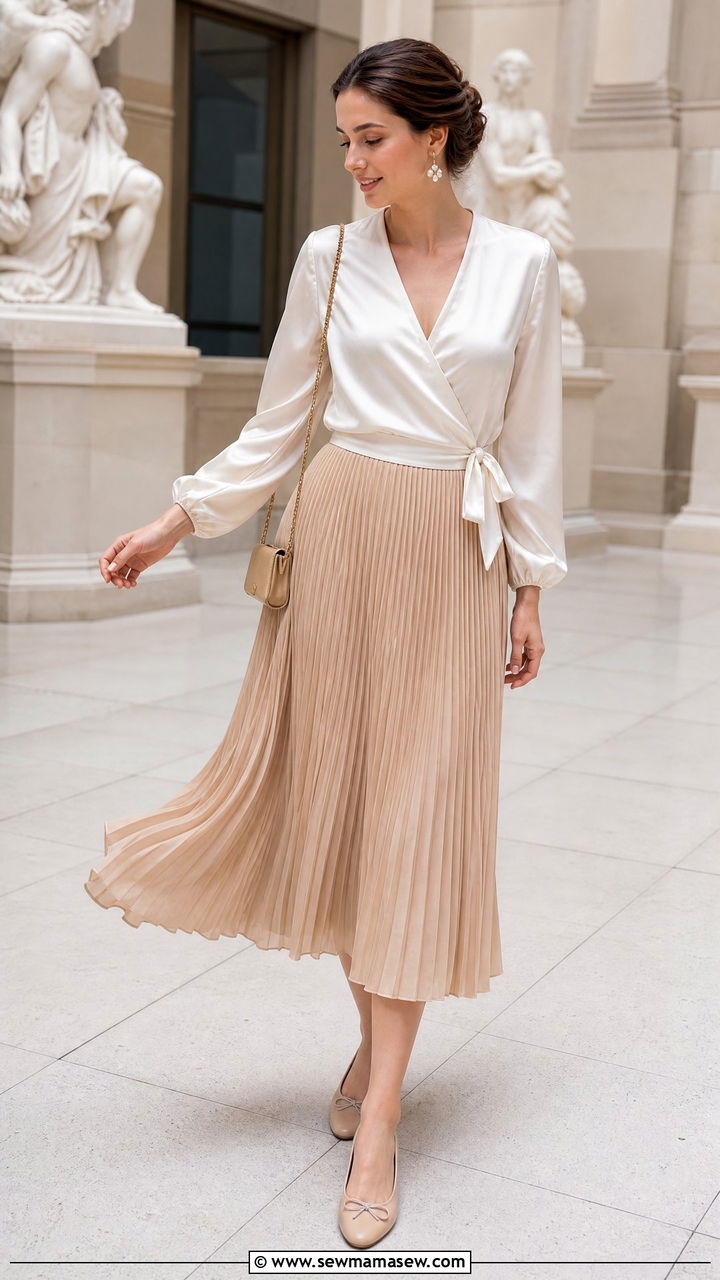 Satin Wrap Top With Pleated Midi Skirt - 20 satin wrap top outfit ideas
