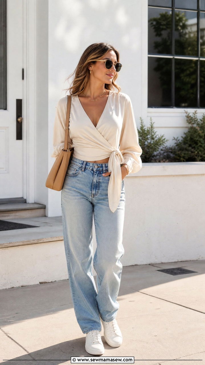 Satin Wrap Top With Relaxed Jeans - 20 satin wrap top outfit ideas