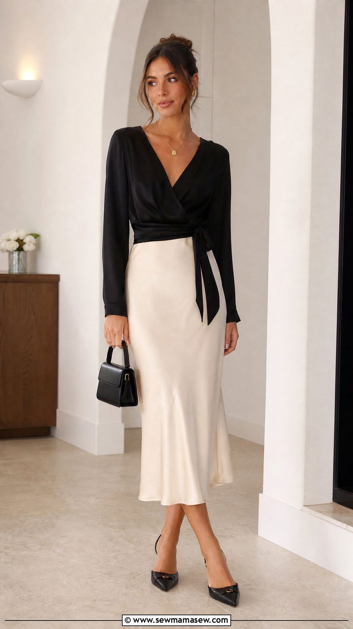 Satin Wrap Top With Slip Skirt - 20 satin wrap top outfit ideas