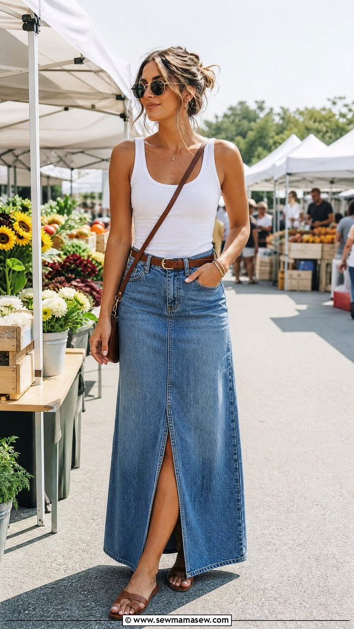 Scoop Neck Tank Top With Denim Maxi Skirt - 20 scoop neck tank top outfit ideas